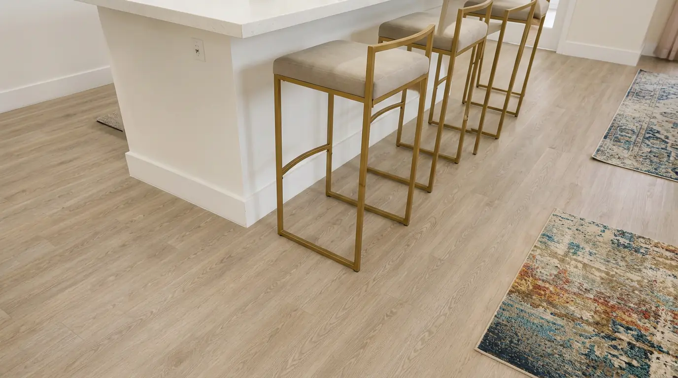Light oak luxury vinyl plank flooring in a Miami kitchen with bar stools